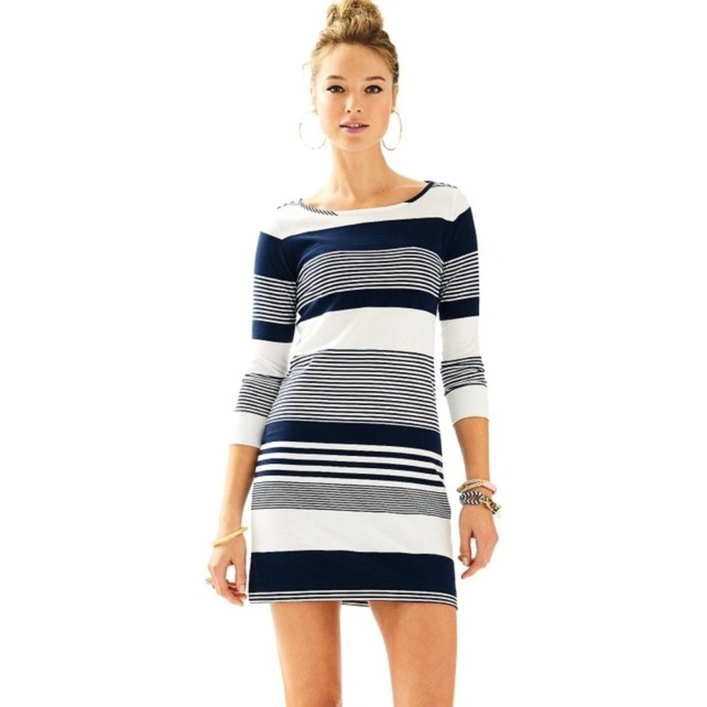 Lilly Pulitzer Marlowe Boatneck T-shirt Dress In True Navy Coconut Stripe Large